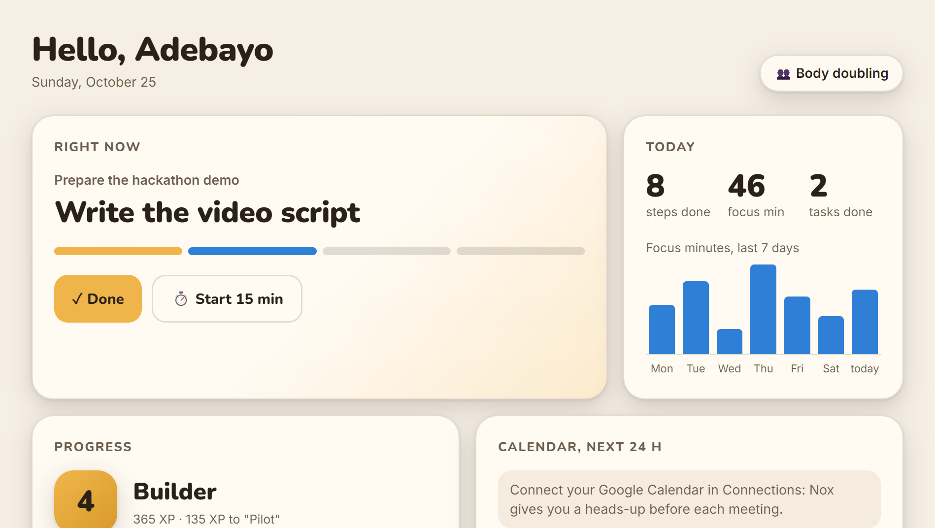 Nox dashboard: current step, focus minutes, progress and calendar
